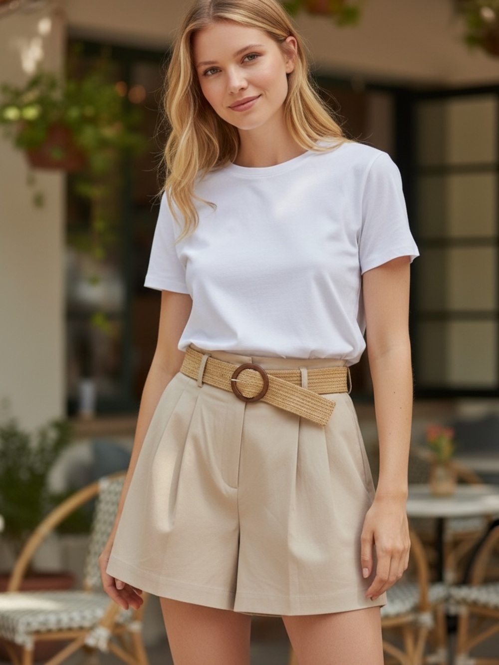 H&M High-Waisted Pleated Shorts with Braided Belt - Beige Sz 10